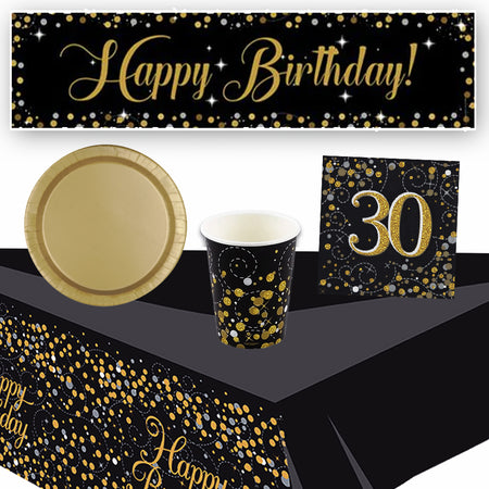 Gold Celebration 30th Birthday Tableware Party Pack - For 8 People with FREE Banner!