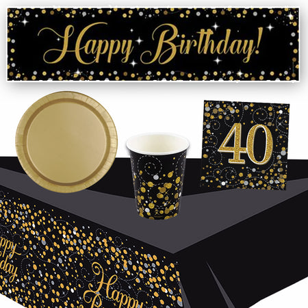Gold Celebration 40th Birthday Tableware Party Pack - For 8 People with FREE Banner!
