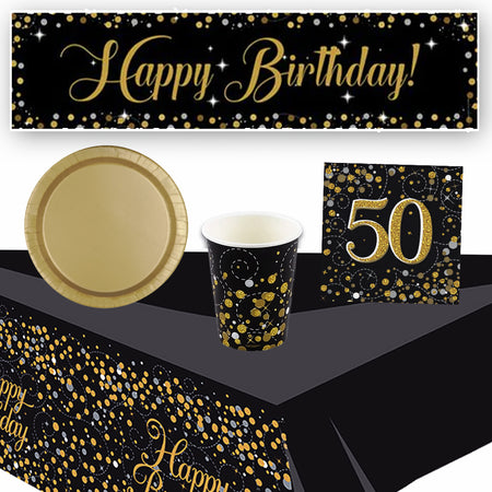 Gold Celebration 50th Birthday Tableware Party Pack for 8 with FREE Banner!