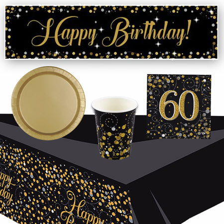 Gold Celebration 60th Birthday Tableware Party Pack - For 8 People with FREE Banner!