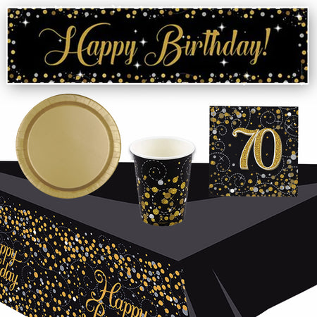 Gold Celebration 70th Birthday Tableware Party Pack - For 8 People with FREE Banner!