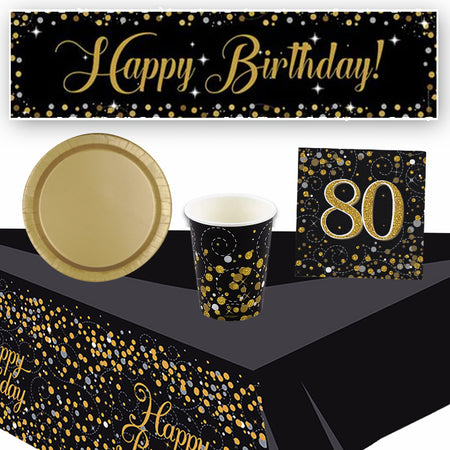 Gold Celebration 80th Birthday Tableware Party Pack - For 8 People with FREE Banner!