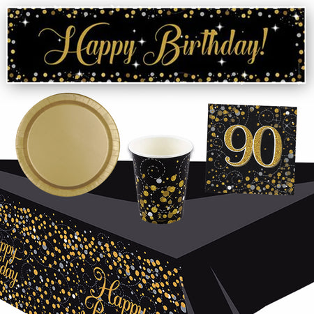 Gold Celebration 90th Birthday Tableware Party Pack for 8 with FREE Banner!