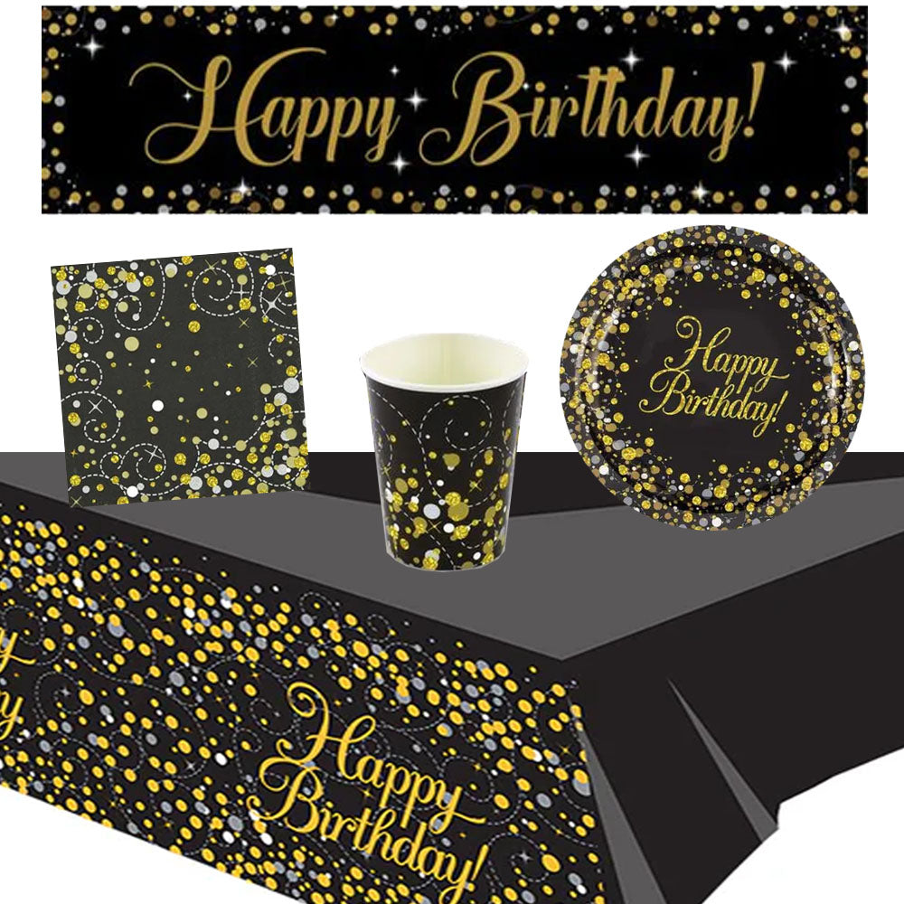 Gold Celebration Happy Birthday Tableware Party Pack - For 8 People with FREE Banner!