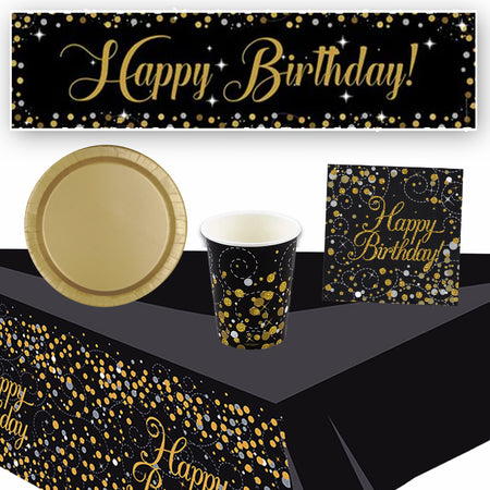 Gold Celebration Happy Birthday Tableware Party Pack - For 8 People with FREE Banner!