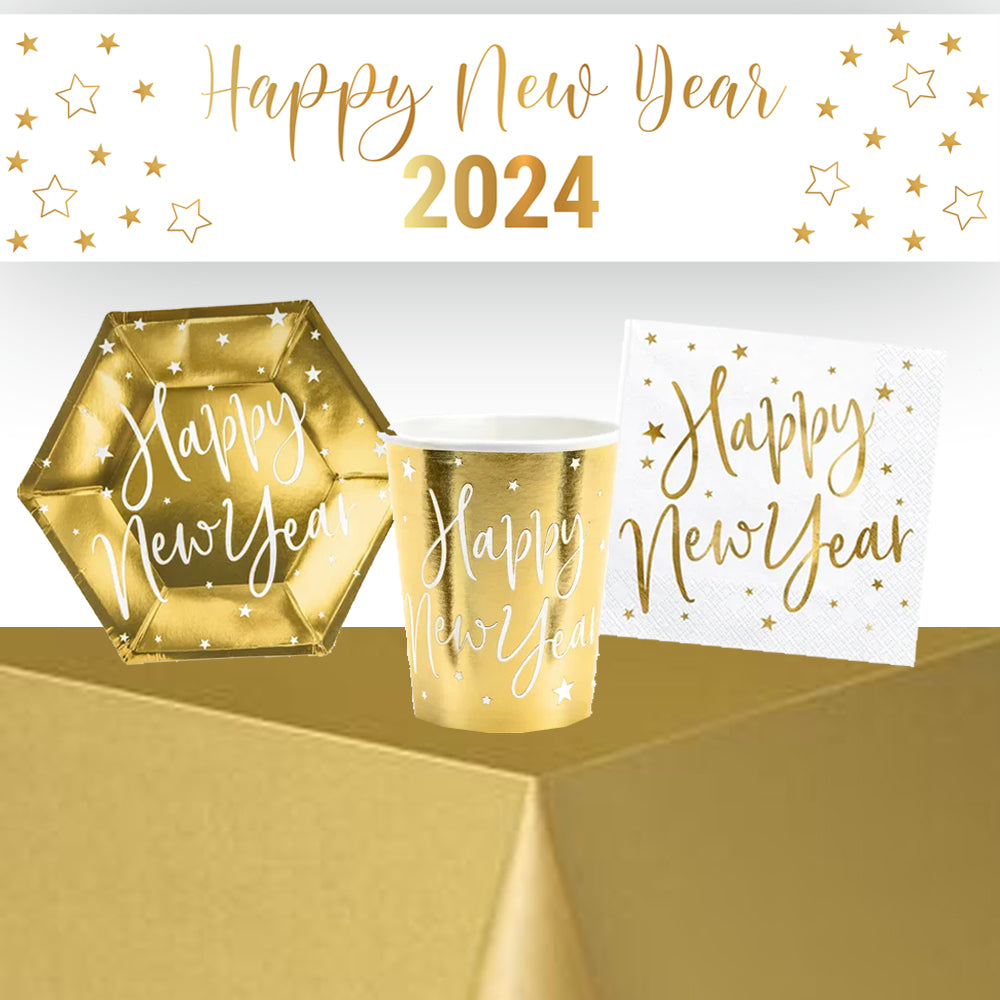 Happy New Year 2024 Gold Stars Tableware Pack for 6 With FREE Banner Decoration