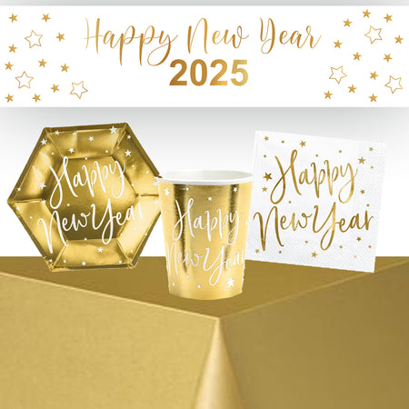 Happy New Year 2025 Gold Stars Tableware Pack for 6 With FREE Banner Decoration