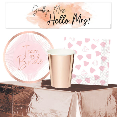 Rose Gold and Pink Team Bride Hen Party Tableware Pack for 8 with FREE Banner!