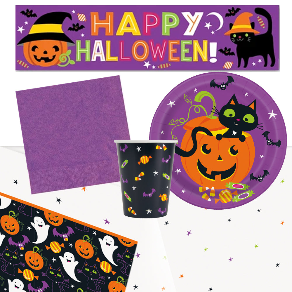 Cat & Pumpkin Halloween Tableware Pack for 8 with FREE Banner!