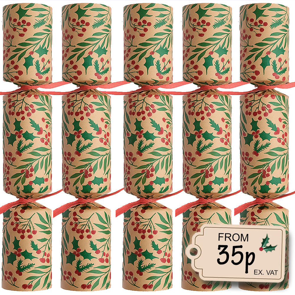 100 x Christmas Crackers Eco-Friendly Holly Kraft - 10" - Bulk Pack