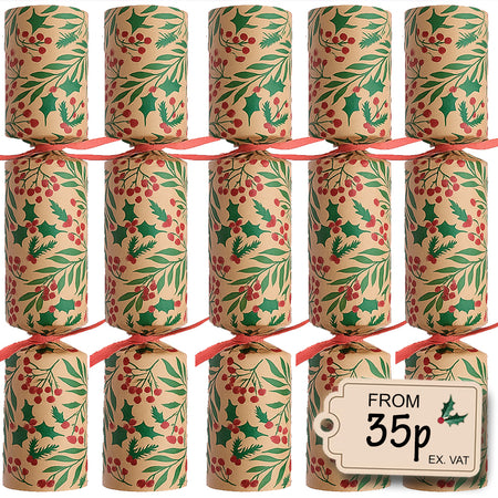 100 x Christmas Crackers Eco-Friendly Holly Kraft - 10