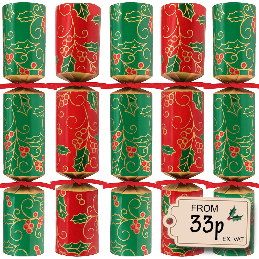 100 x Christmas Crackers Eco-Friendly Holly Swirls Red & Green - 10" - Bulk Pack