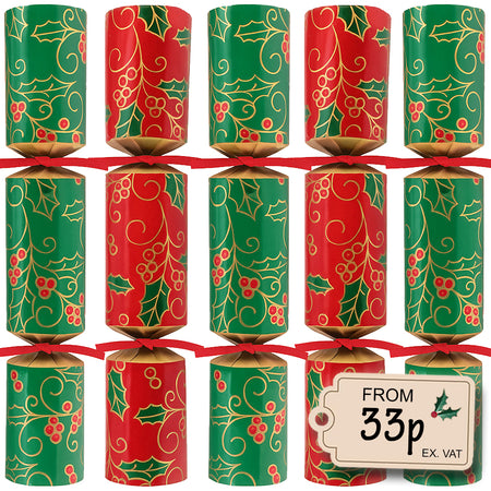 100 x Christmas Crackers Eco-Friendly Holly Swirls Red & Green - 10