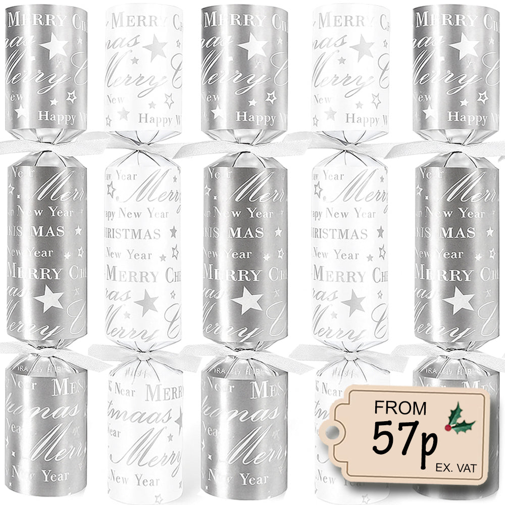 100 x Christmas Crackers Eco-Friendly Silver & White - 11" - Bulk Pack
