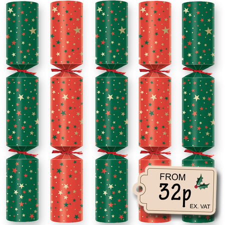 Red and Green Star Christmas Crackers - Plastic-Free - Box of 100