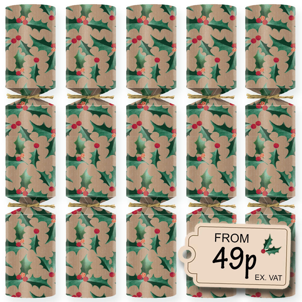 Eco Friendly Kraft Holly Christmas Crackers - Plastic Free - Box of 100