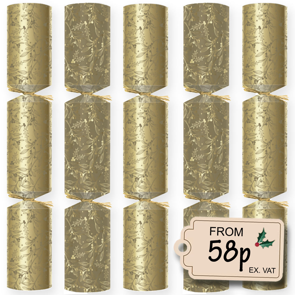 Gold Holly and Mistletoe Christmas Crackers - Plastic Free - Box of 100