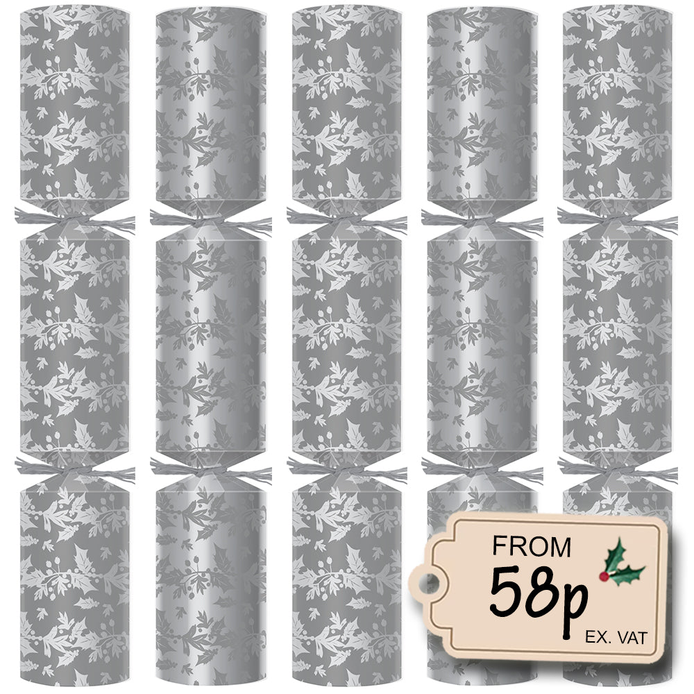 Silver Christmas Crackers 11” Plastic Free Box of 100 Silver Holly Berry Design