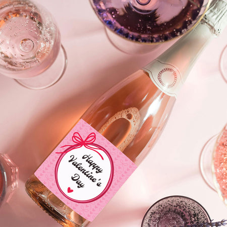 Personalised Red and Pink Bow Frame Valentine Wine Bottle Labels - Sheet of 4