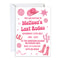 Pink-themed invitation card for Melissa's Last Rodeo with cowboy hat, boots, and other elements on a white background.