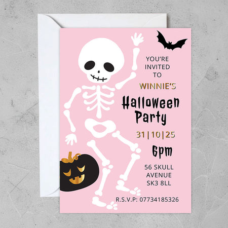 Halloween Cute Pink Skeleton Personalised Party Invitations - Pack of 16
