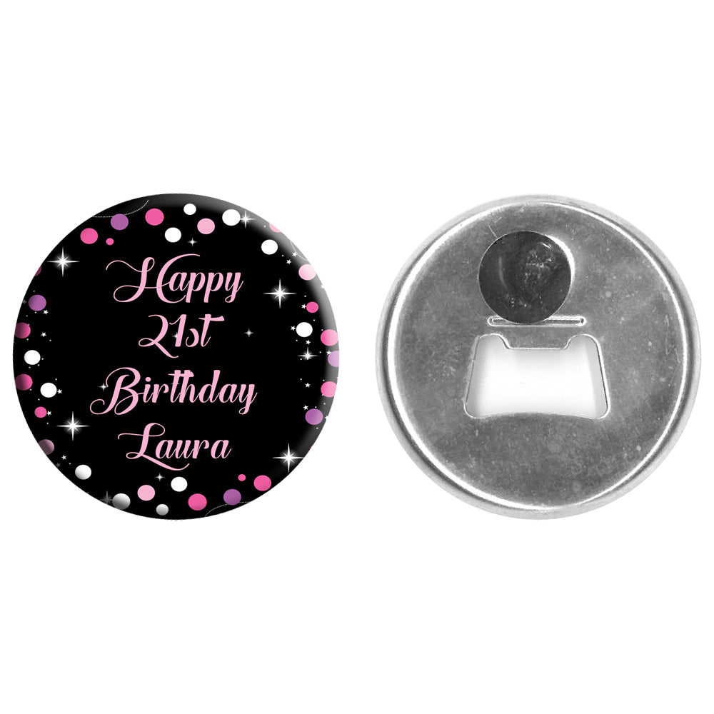 Personalised Bottle Opener Magnet - Pink Sparkle - 58mm