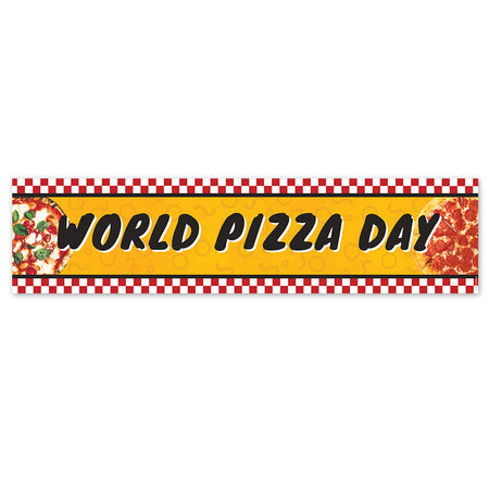 Banner with 'World Pizza Day' text on a yellow background with pizza graphics.
