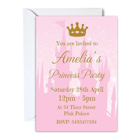 Pink invitation card with gold crown and text for a princess party