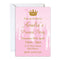 Pink invitation card with gold crown and text for a princess party