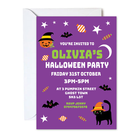Halloween Cat & Pumpkin Personalised Invites - Pack of 16