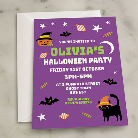 Halloween Cat & Pumpkin Personalised Invites - Pack of 16