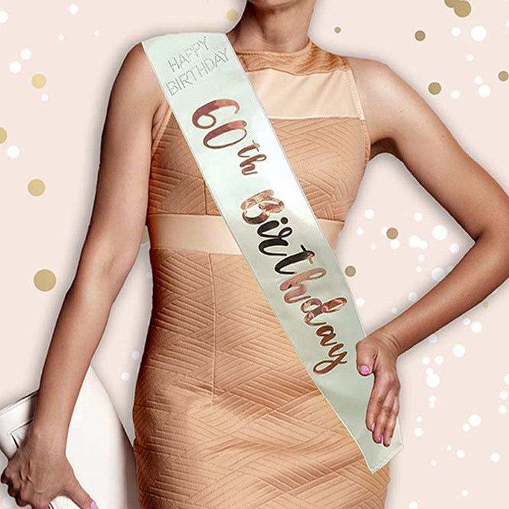 Sash Ref Ivory and Rose Gold 60th Birthday Sash – Party Packs