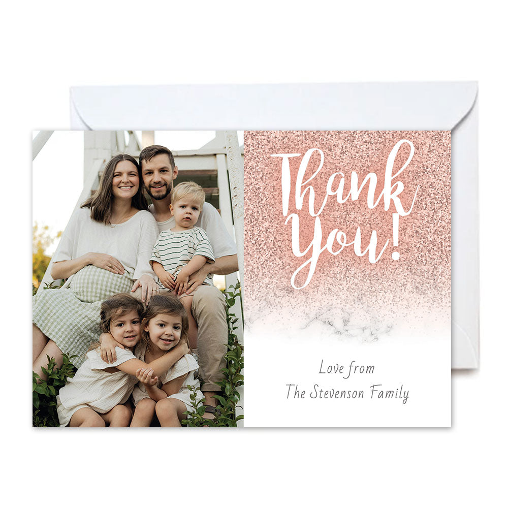 Rose Gold Glitter Personalised Photo Thank You Cards - Pack of 8