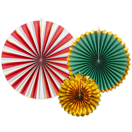 Three colorful paper fans in red, green, and gold on a white background