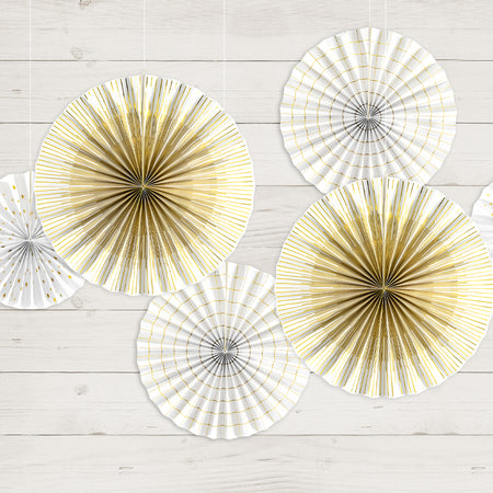 Gold & White Paper Fan Decorations - Pack of 4