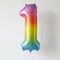 A metallic foil balloon shaped like the number one, featuring a vibrant rainbow gradient transitioning from purple and pink at the top, through orange and yellow, to green and blue at the bottom, floating against a plain light gray background.