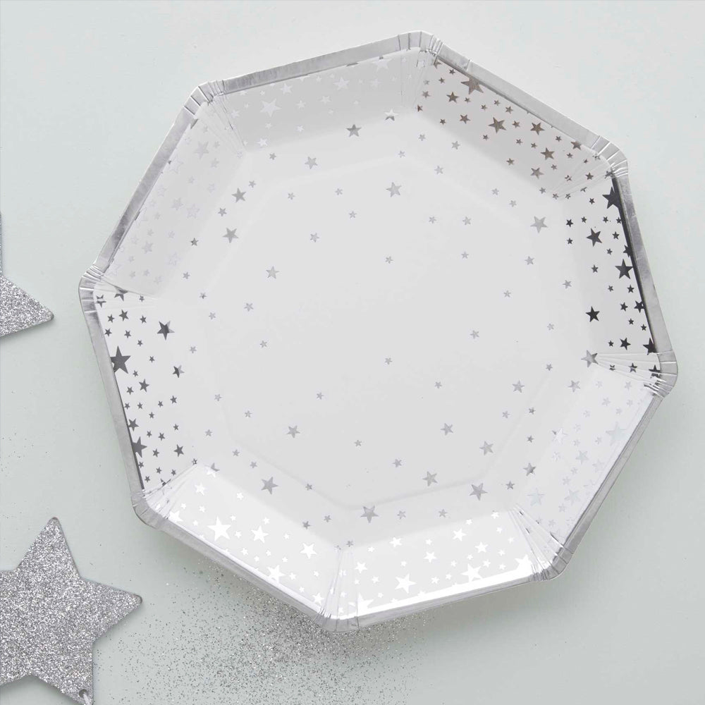 Silver Metallic Star Foiled Plates - 23cm - Pack of 8
