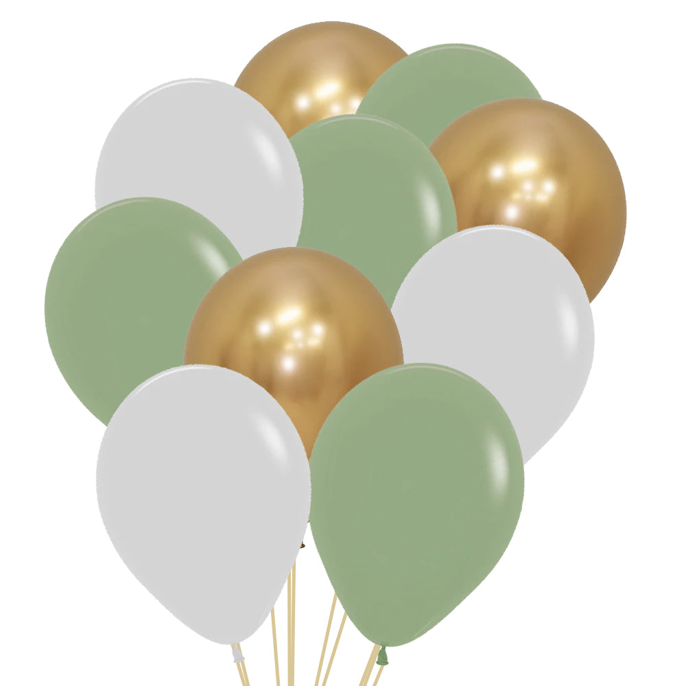 Sage Green, Gold and White Mix Latex Balloons - Pack of 30