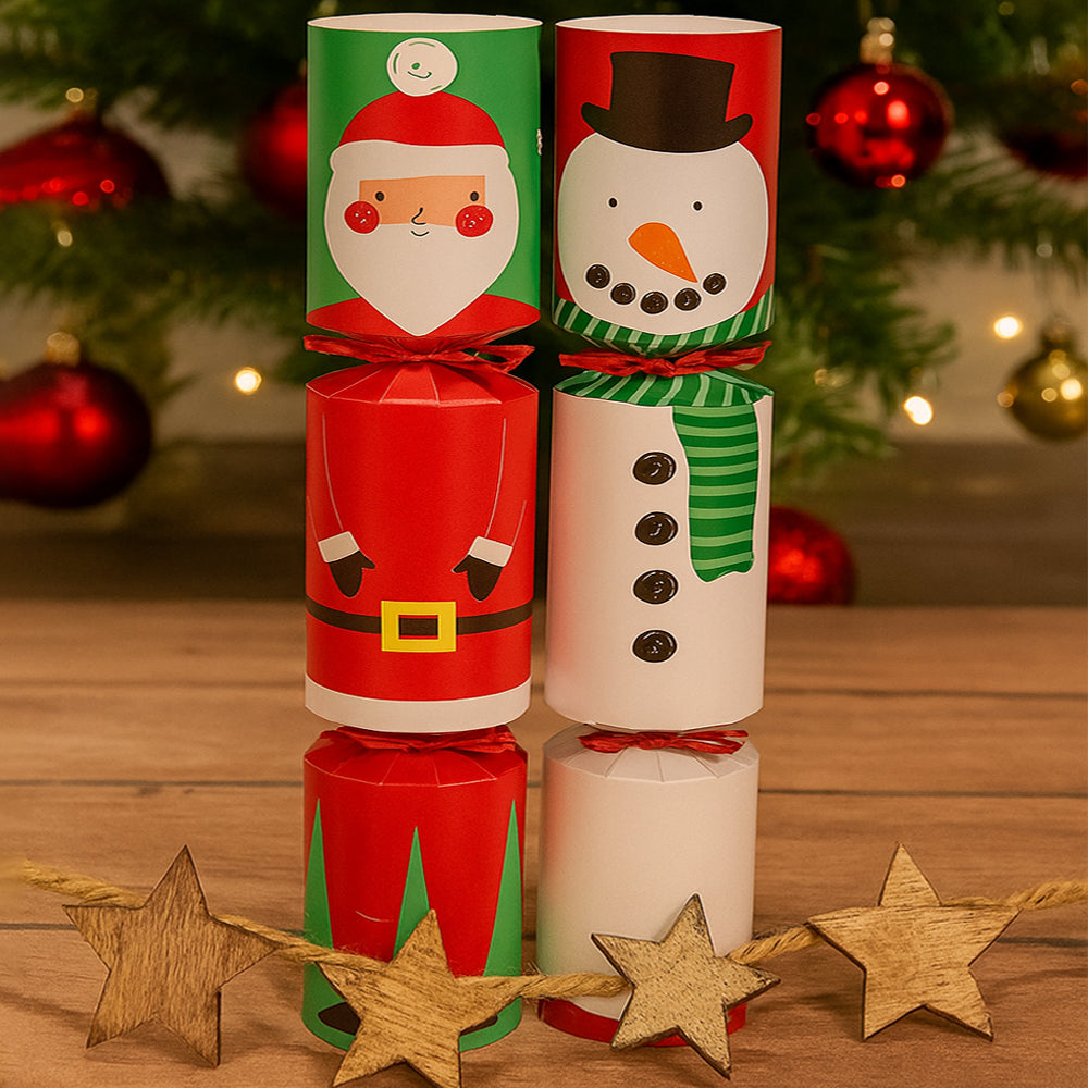 100 Kids Christmas Crackers 11" – Santa & Snowman Design – Plastic Free Contents Bulk Pack