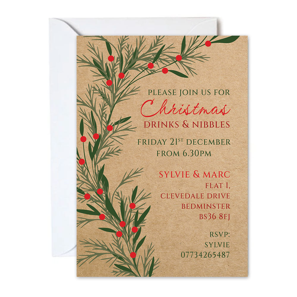 Personalised Scandi Foliage Christmas Party Invitations - Pack of 16