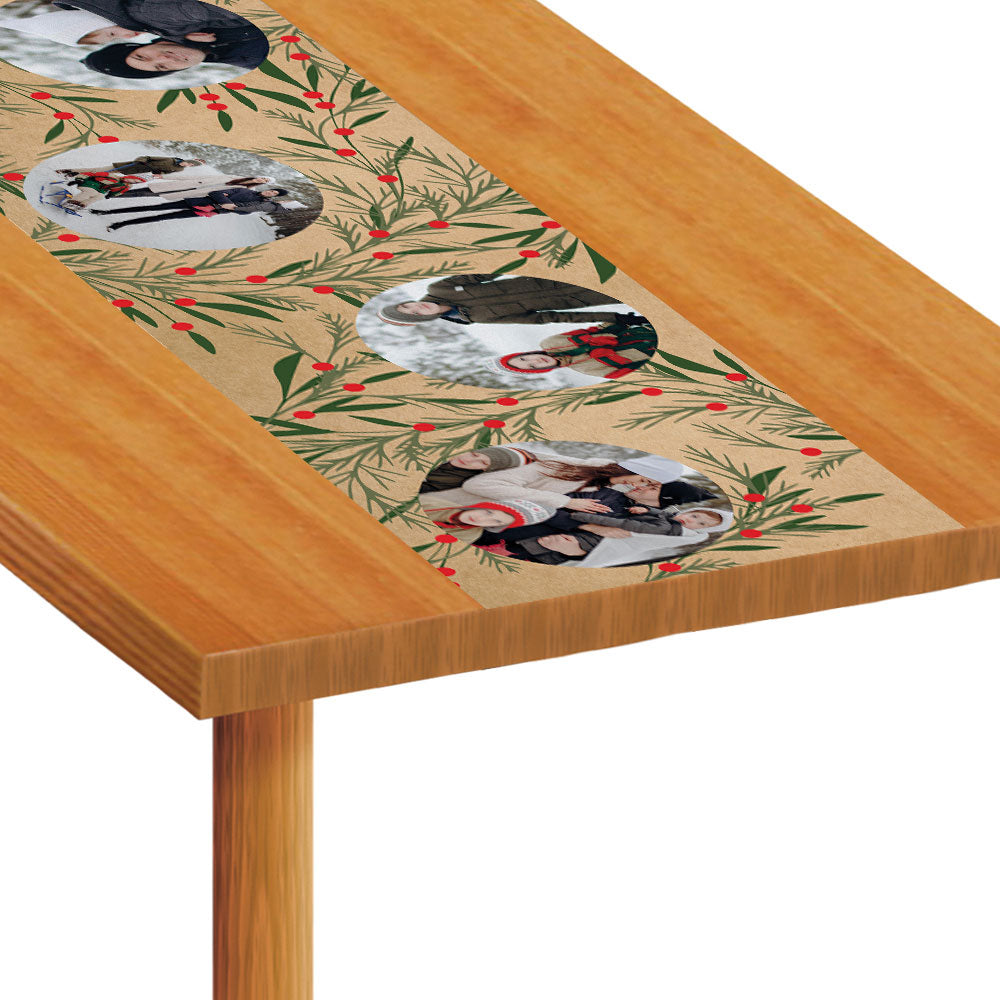 Personalised Scandi Foliage Christmas Multi Photo Table Runner - 120cm x 30cm