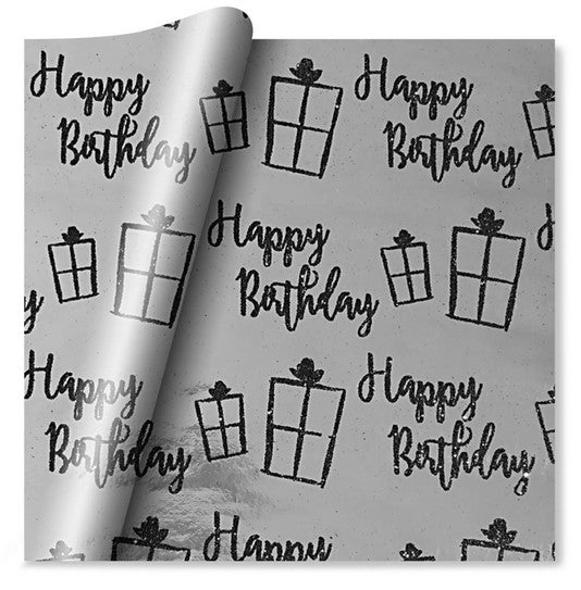 Silver Foil Black Glitter Happy Birthday Wrapping Paper - 1 Sheet - Each - 70cm