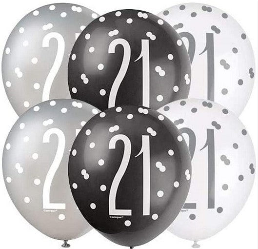 Birthday Glitz Black & Silver 21st Pearlised Latex Balloons - Pack of 6
