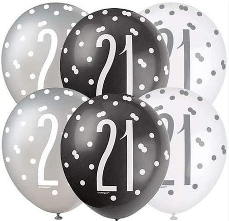 Birthday Glitz Black & Silver 21st Pearlised Latex Balloons - Pack of 6
