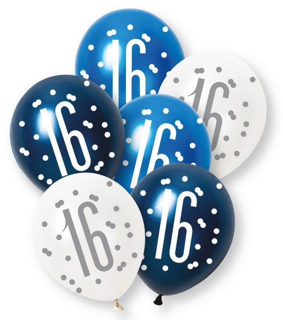 Birthday Glitz Blue 16th Pearlised Latex Balloons - Pack of 6