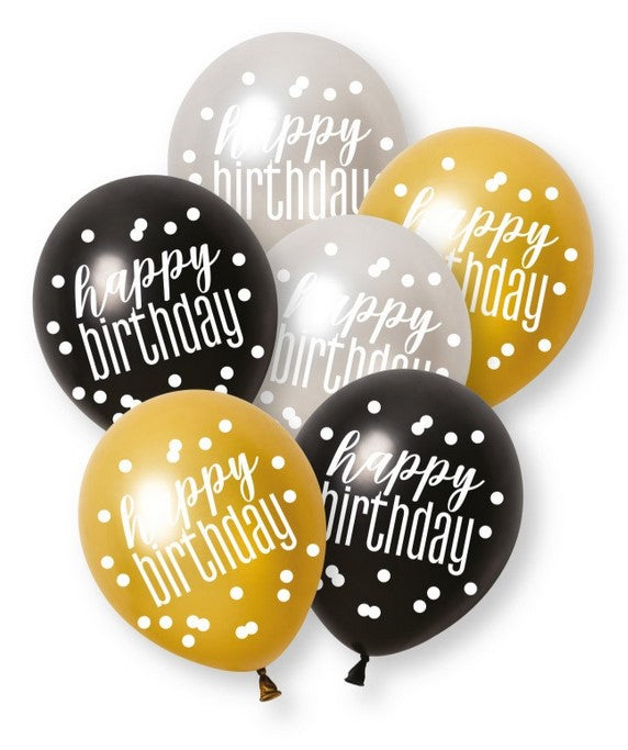 Birthday Glitz Black & Silver Happy Birthday Pearlised Latex Balloons - 30.5cm - Pack of 6 - Assorted