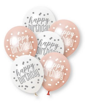 Birthday Glitz Rose Gold Happy Birthday Pearlised Latex Balloons - 12" - Pack of 6