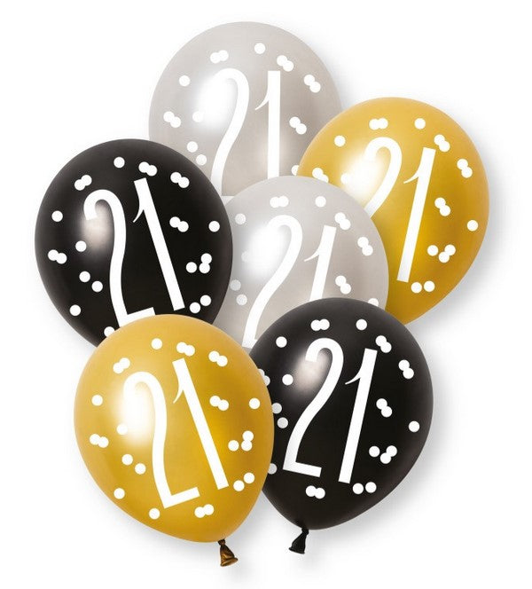 Birthday Glitz Black & Silver 21st Pearlised Latex Balloons - Pack of 6