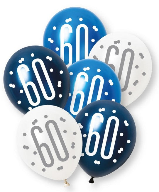 Birthday Glitz Blue 60th Pearlised Latex Balloons - Pack of 6