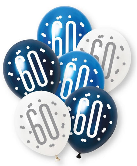Birthday Glitz Blue 60th Pearlised Latex Balloons - Pack of 6